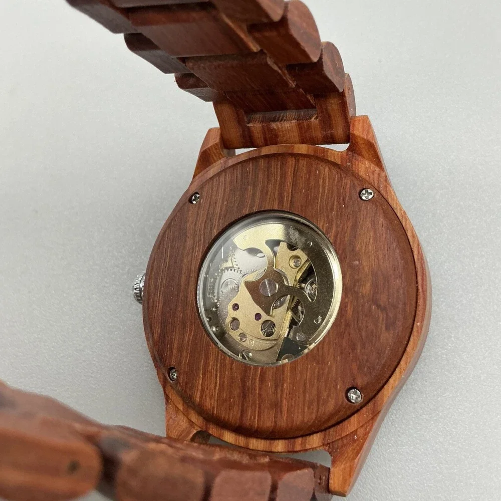 Mens Watch 45mm Brown Skeleton Dial Wood Bracelet Automatic Gold Tone 8.75